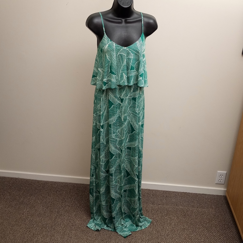 VERONICA M Palm Leaf Maxi Green Dress Medium